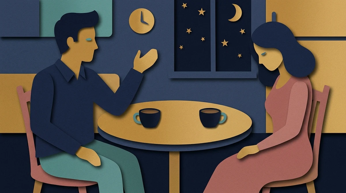 A couple at a kitchen table at night