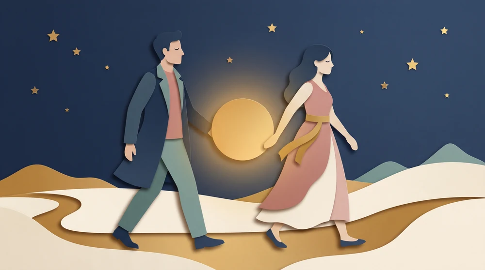 A couple walking on together, carrying the light between them